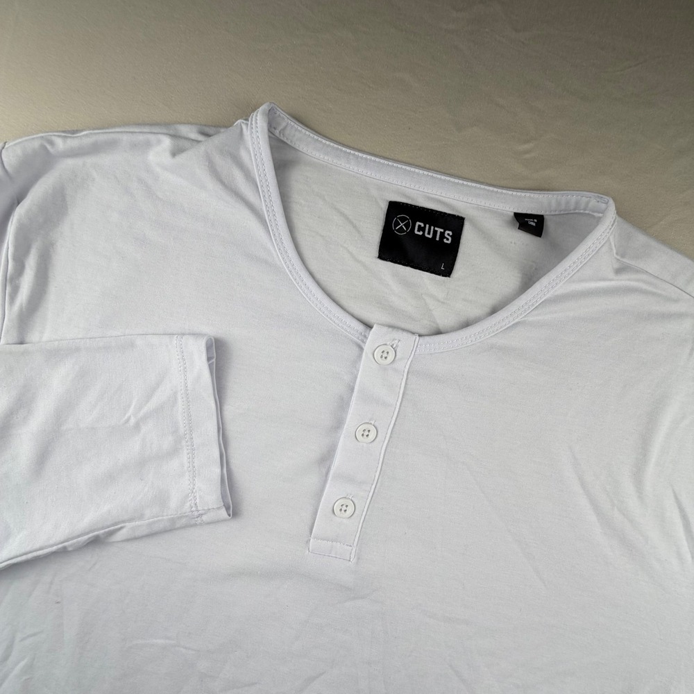 Cuts Clothing Long Sleeve Henley Shirt Mens Large White Solid Curved Hem Top 273